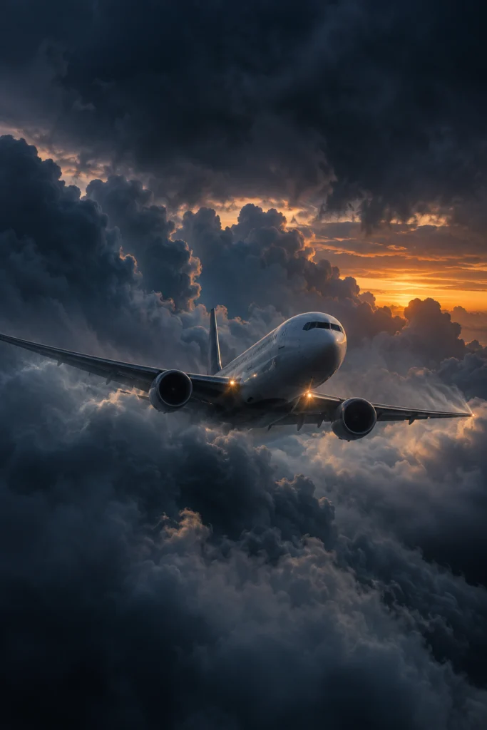 Avión de pasajeros entre nubes de tormenta