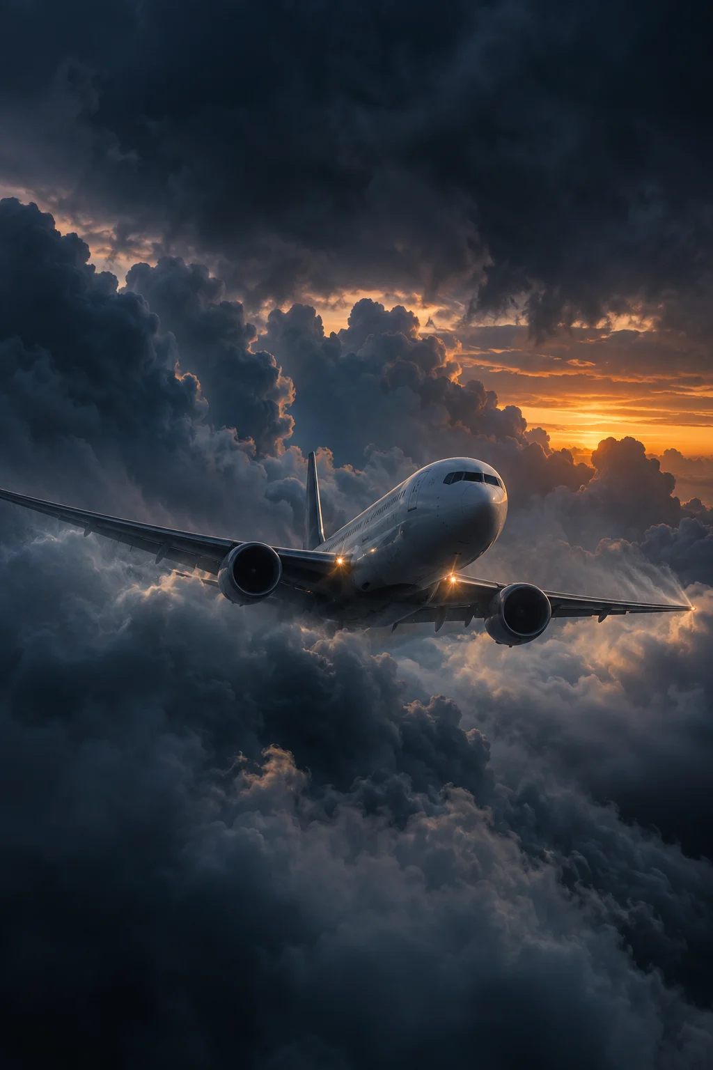Avión de pasajeros entre nubes de tormenta