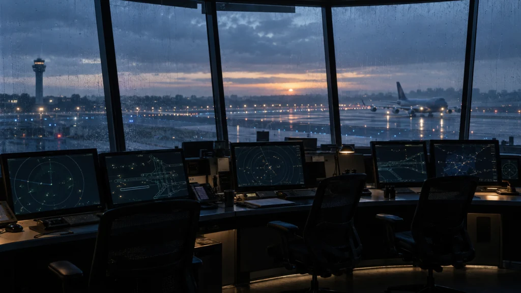 Sala vacía de operaciones aeroportuarias con pantallas y lluvia al amanecer
