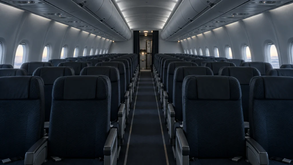 Cabina de avión vacía con luz suave entrando por las ventanillas