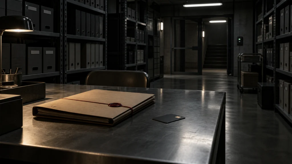 Archivo subterráneo con una carpeta sellada sobre una mesa