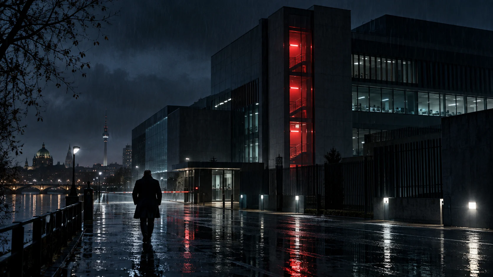 Edificio de investigación bajo la lluvia en una noche de Berlín