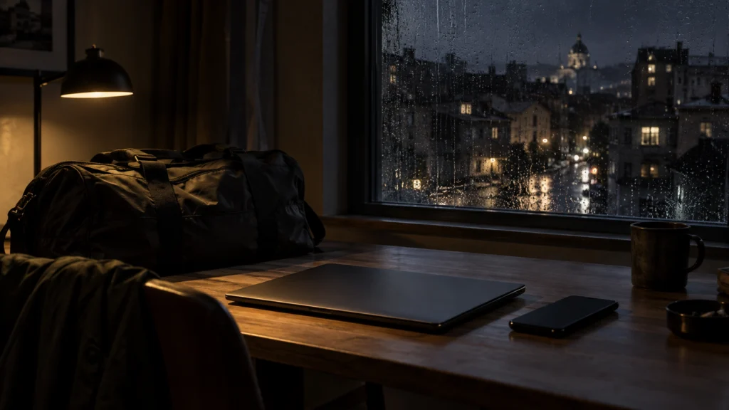 Refugio urbano de noche con un portátil cerrado, una bolsa y un teléfono junto a una ventana con lluvia