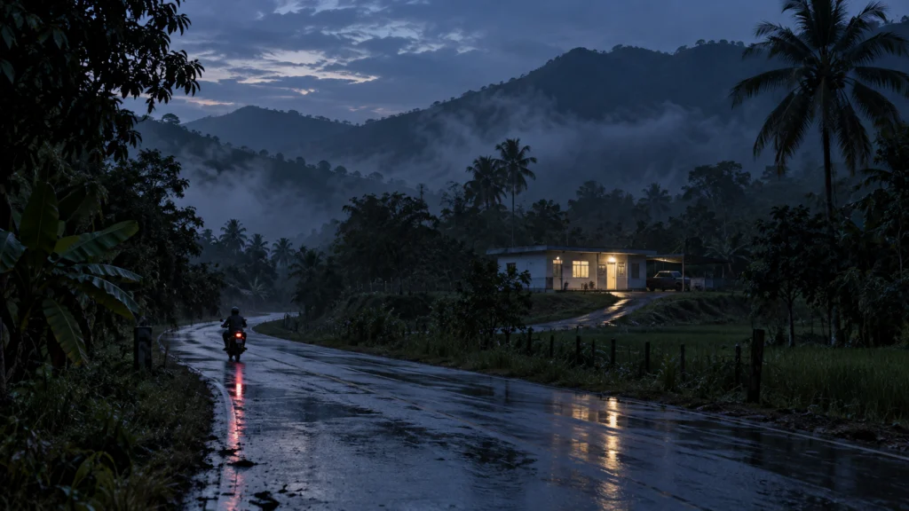 Carretera rural tropical en Tailandia al anochecer, con una moto frente a una clínica remota