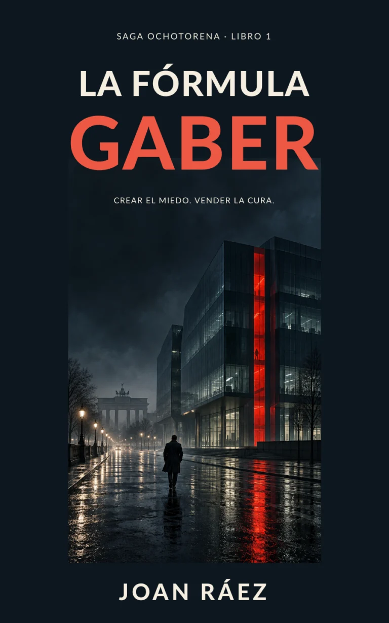 Portada de La fórmula Gaber: una figura ante un edificio iluminado en rojo bajo la lluvia