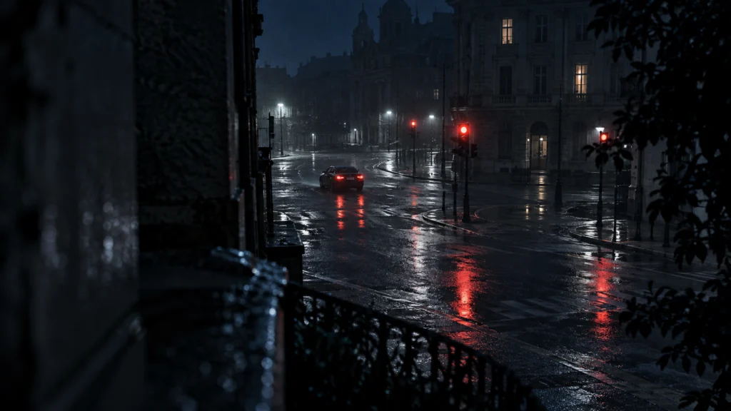 Cruce de ciudad nocturno bajo la lluvia visto desde lejos