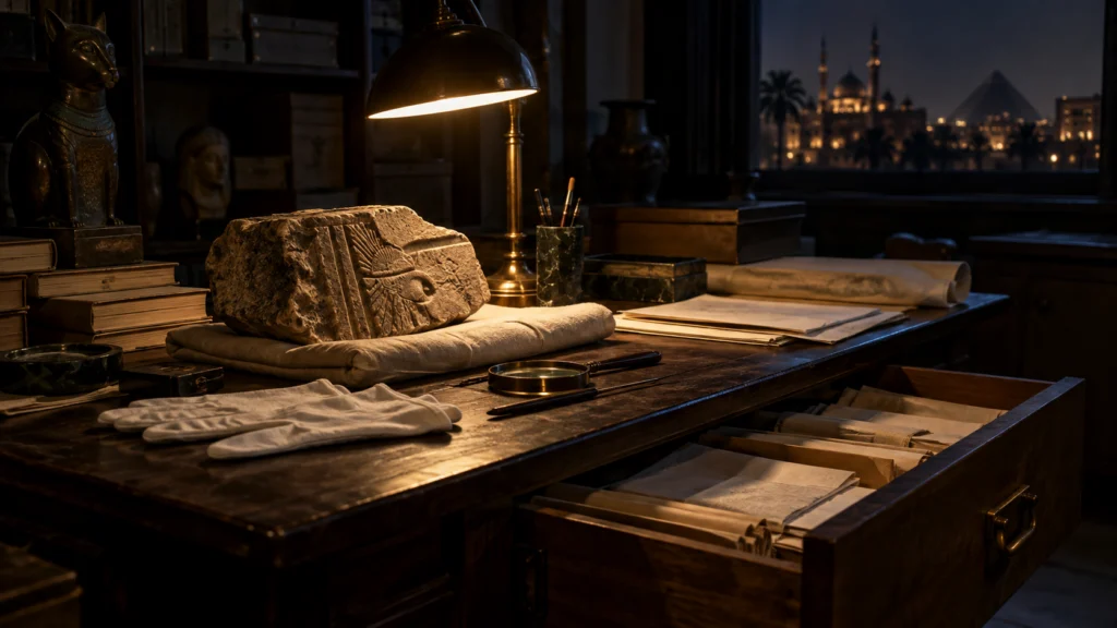 Archivo de investigación en El Cairo con un fragmento de piedra iluminado y pirámides al fondo