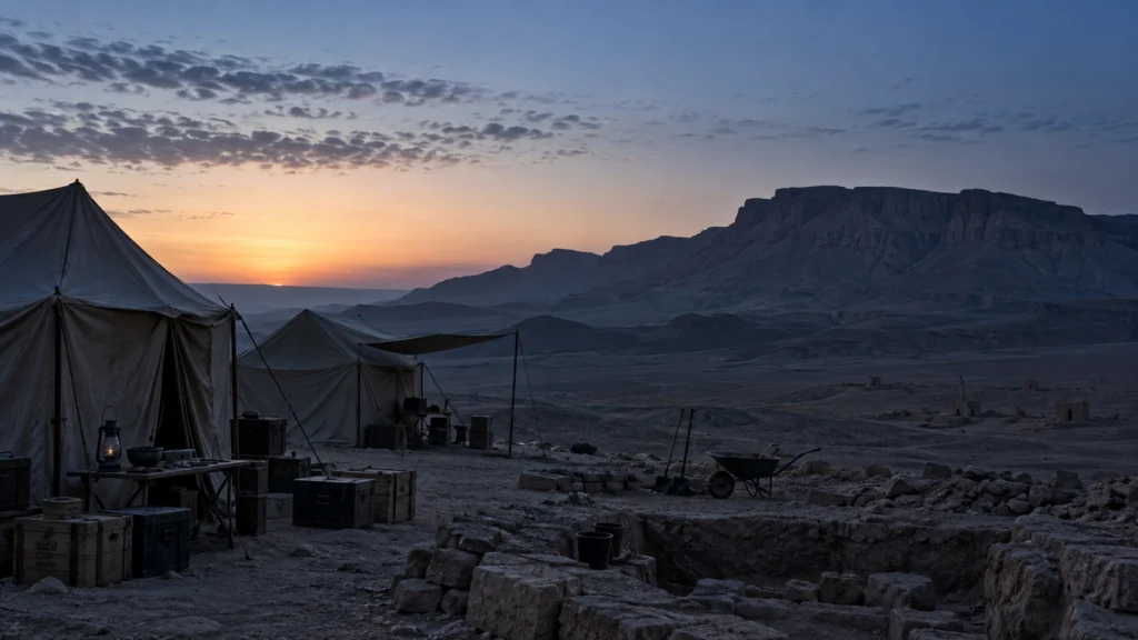 Campamento de excavación arqueológica en el desierto al amanecer