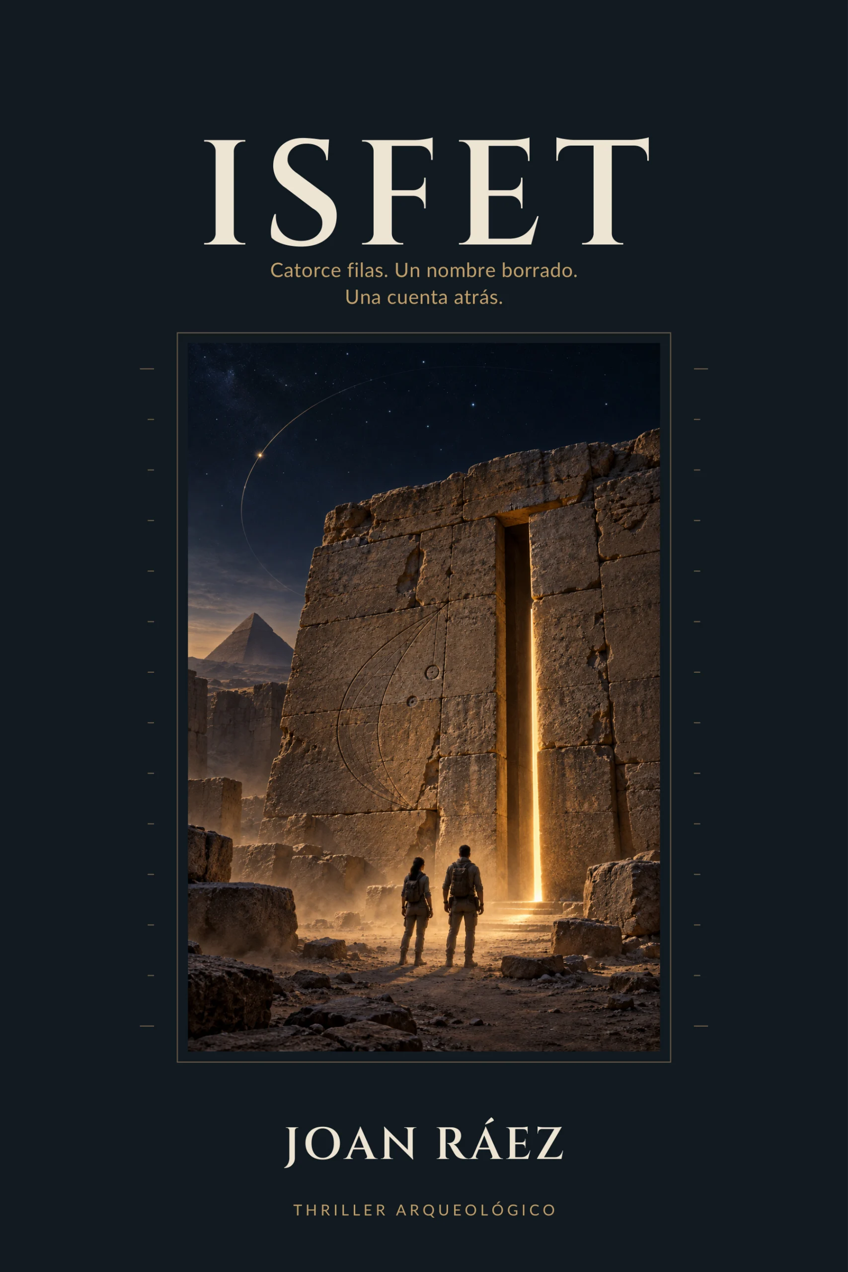 Portada de ISFET: dos figuras ante una construcción de piedra en el desierto