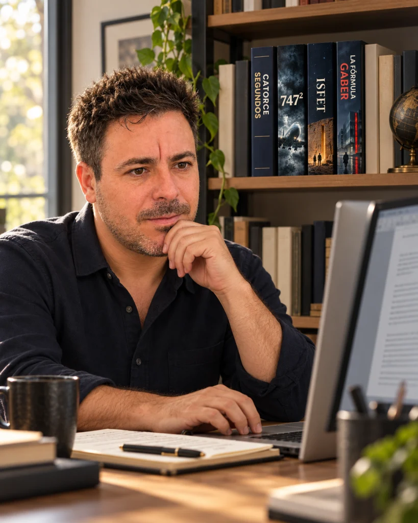 Joan Ráez ante el ordenador con los lomos de sus cuatro novelas detrás