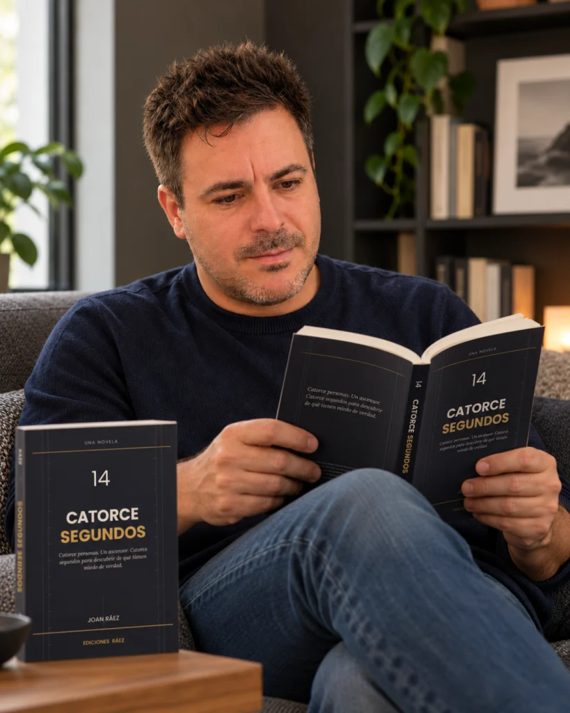 Joan Ráez leyendo Catorce segundos en un sofá